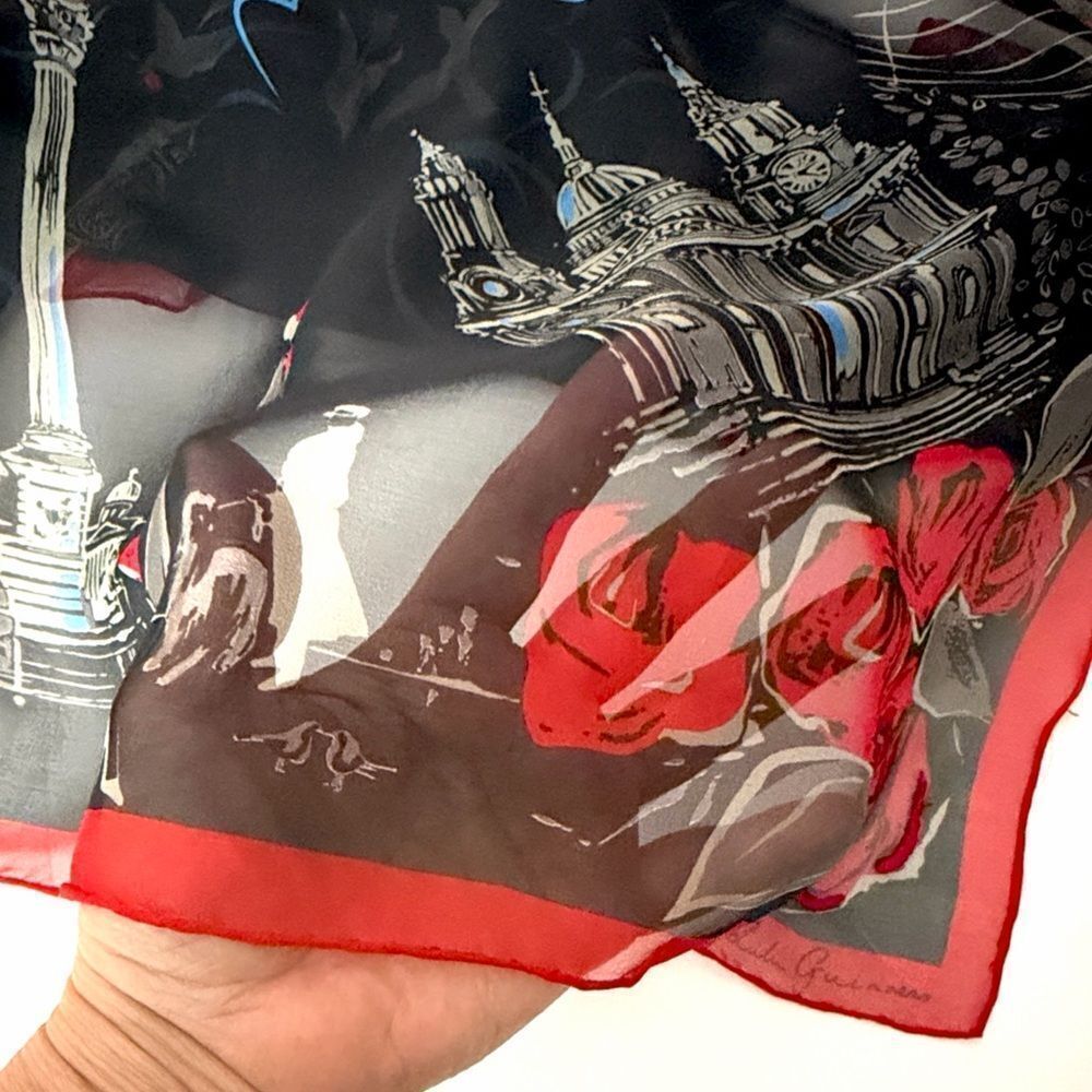 Lulu Guinness Silk Chiffon Scarf London Conture Themed Black Red Sheer 33x33" - Picture 12 of 15